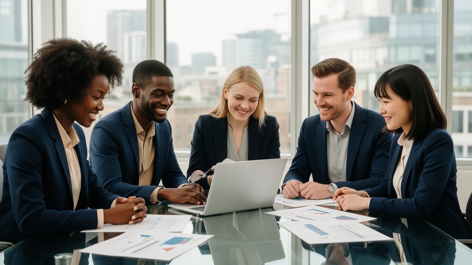 A diverse eTranzact UK team collaborating in a modern London office